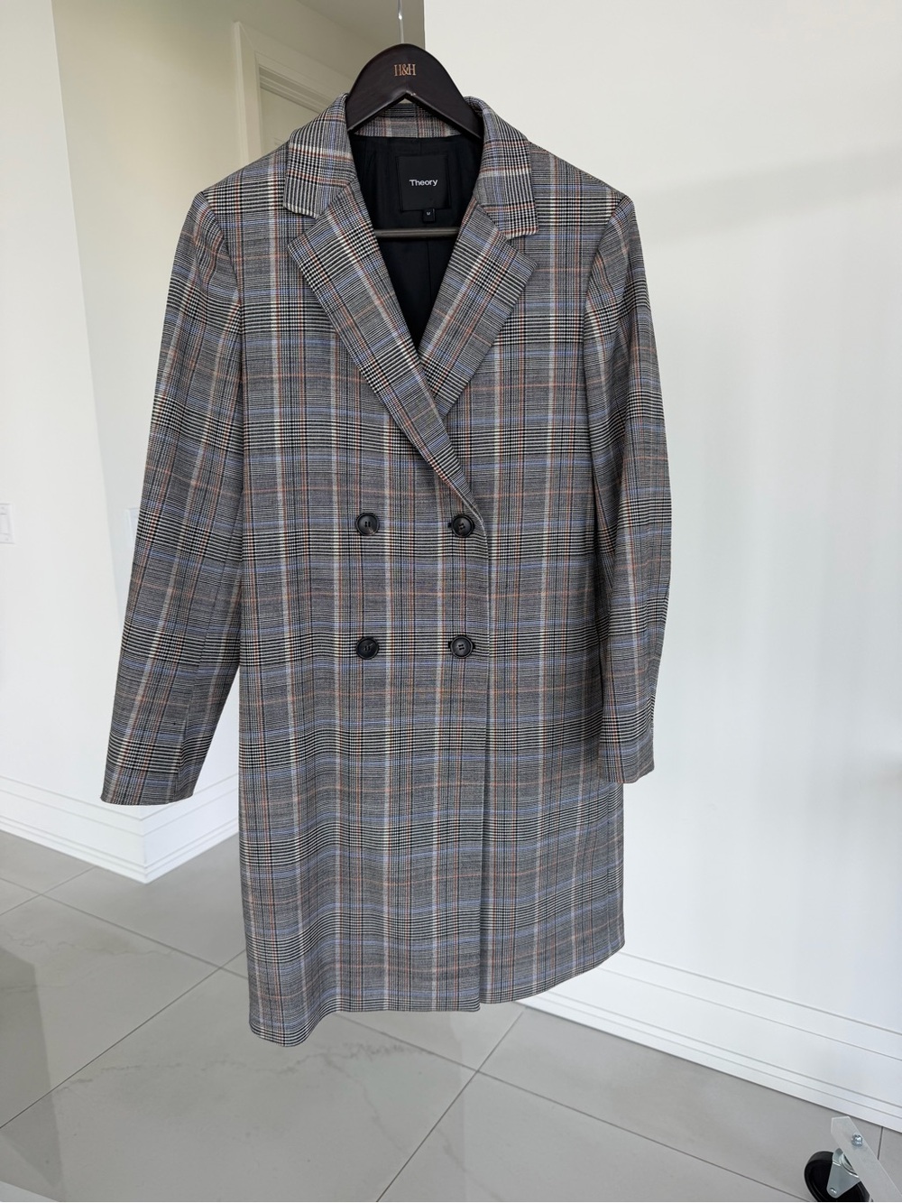 Theory Double-Breasted Plaid Trench Coat in Gray with Brown & Blue Accents NWOT